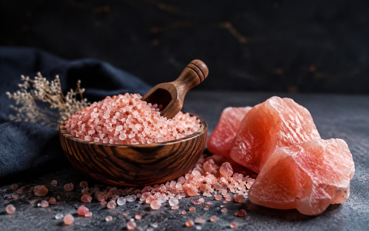 Coarse Himalayan pink salt in a wooden bowl with raw salt rocks